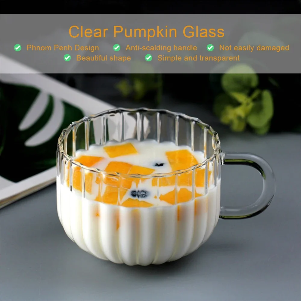 400ML Milk Coffee Cup Pumpkin Ribbed Glass Mug Heat-resistant Tea Cup Transparent Breakfast Cup with Handle Juice Beer Cup