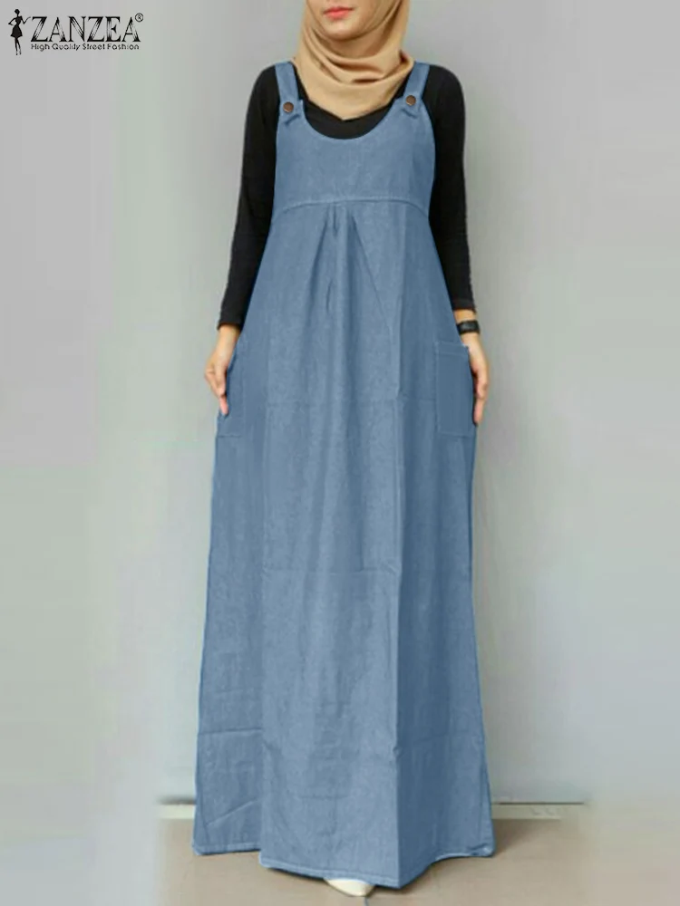 2024 ZANZEA Women Overalls Dress Fashion Spaghetti Strap Denim Blue Sundress Casual Solid Loose Muslim Abaya Vestido Robe Femme