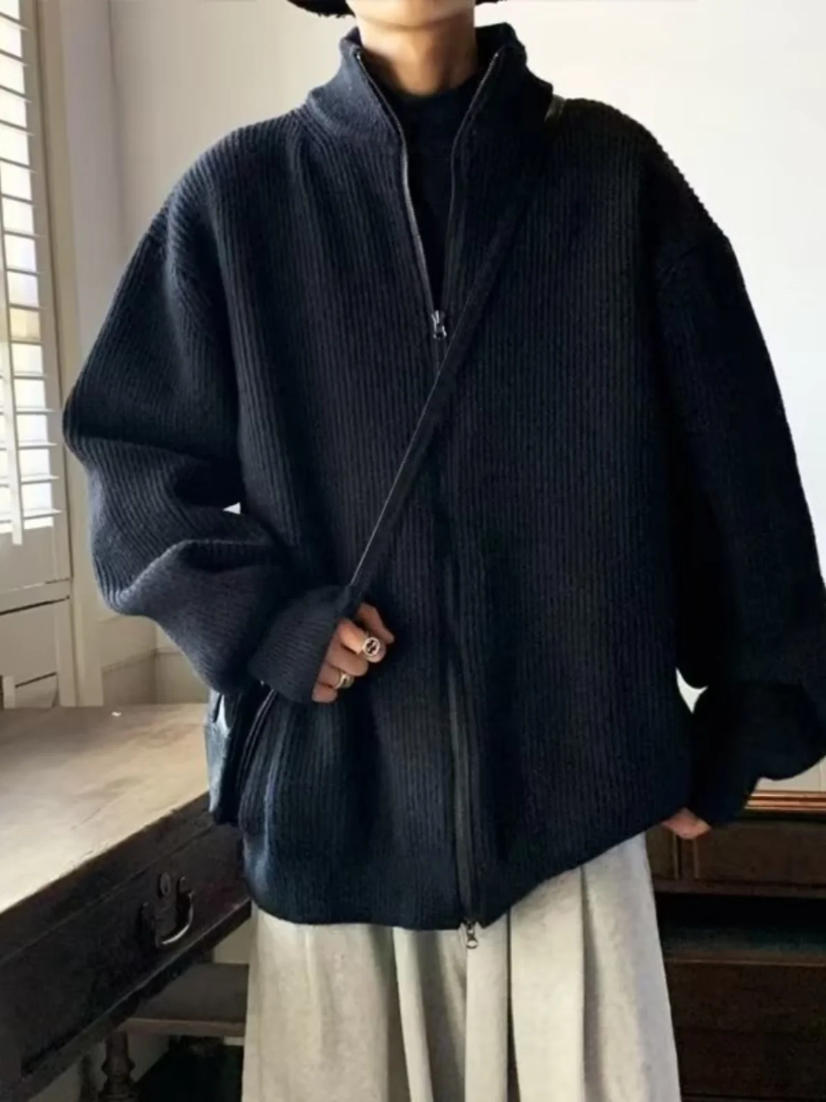 الرجال المفتوحة سترة سترة سستة تريكو فضفاض كسول Sle ملابس خارجية الخريف الشتاء اليابانية الرجعية طويلة Sve ألياف البوليستر #1