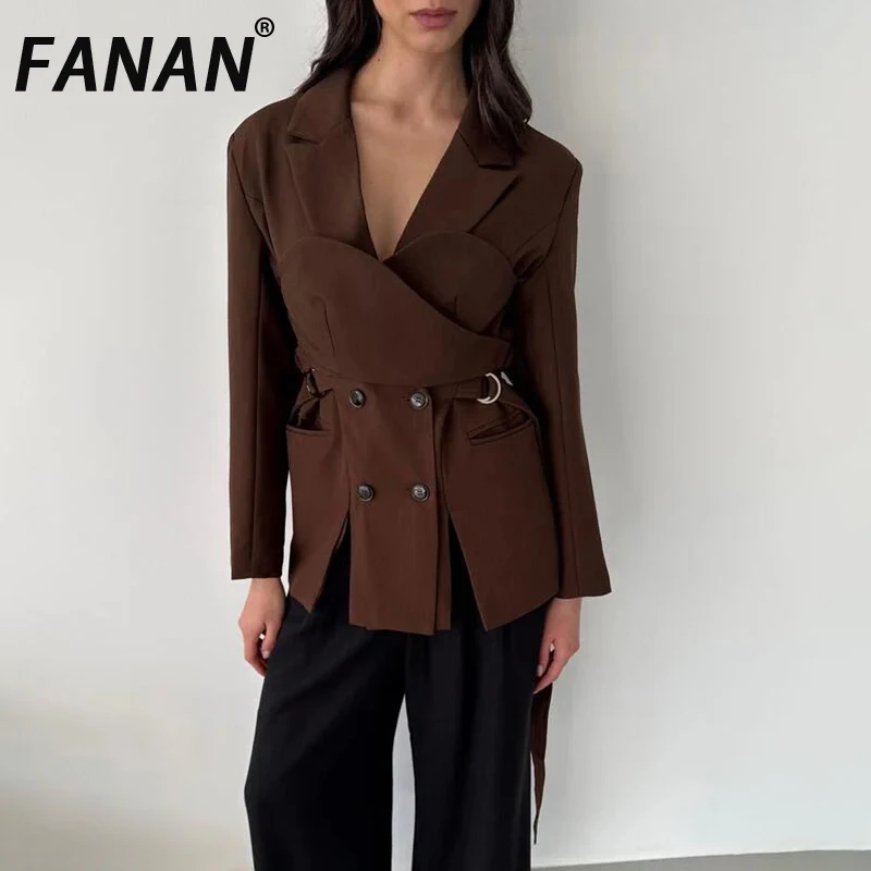 FANAN Fashion Irregular Design Blazers Women's Bandage Gathered Waist Temperament Brown Coats Female Clothing 2026 Spring New