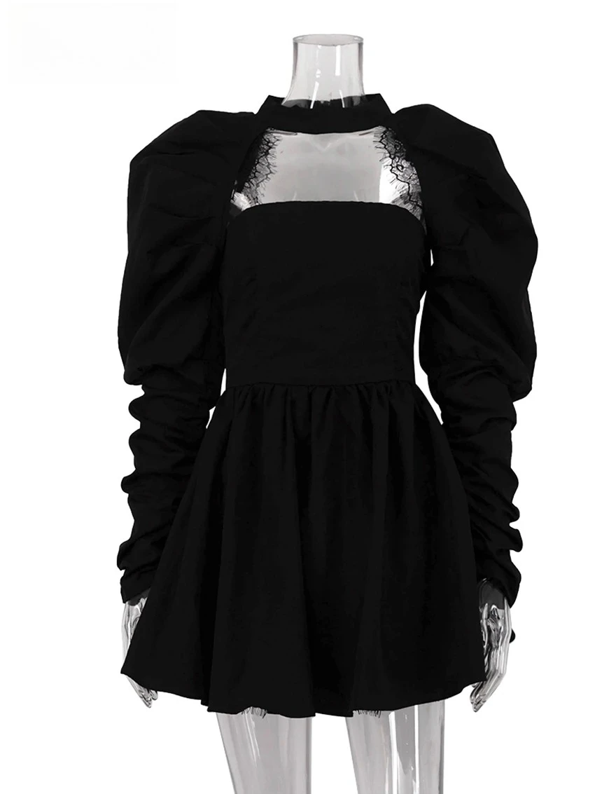 Sexy Slim Black Women's Dress  Bodycon Stand Collar Long Sleeve Mini Dresses Elegant Lace Spliced Female Dress
