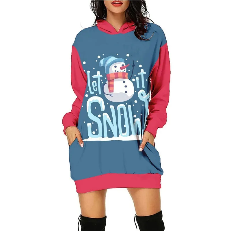 Autumn Winter Women's Pullover Hooded Contrast Letter Cartoon Print Christmas Lantern Long Sleeve Loose Fashion Casual Dress