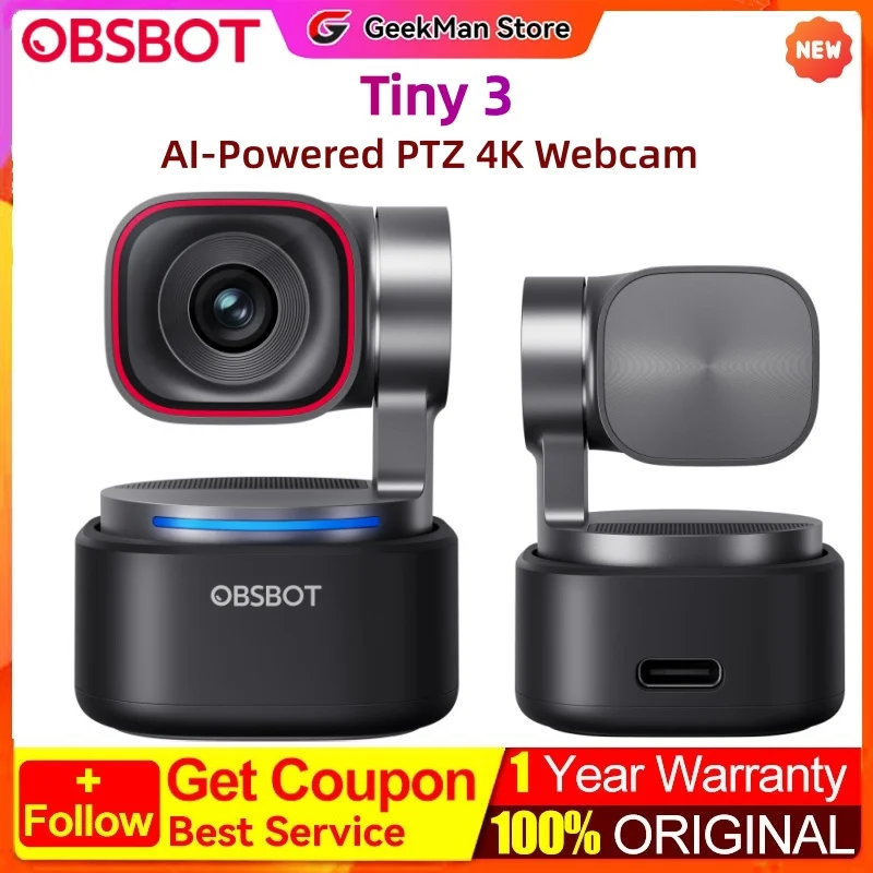 new OBSBOT Tiny 3 AI-Powered Spatial Audio 4K PTZ Webcam, Compact
