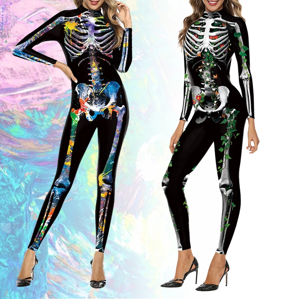 Halloween Adult Chroma Jumpsuit Catsuit Skeleton Printing Bodysuit Holiday Party Disguise Oufit Funny Stage Cosplay Costume