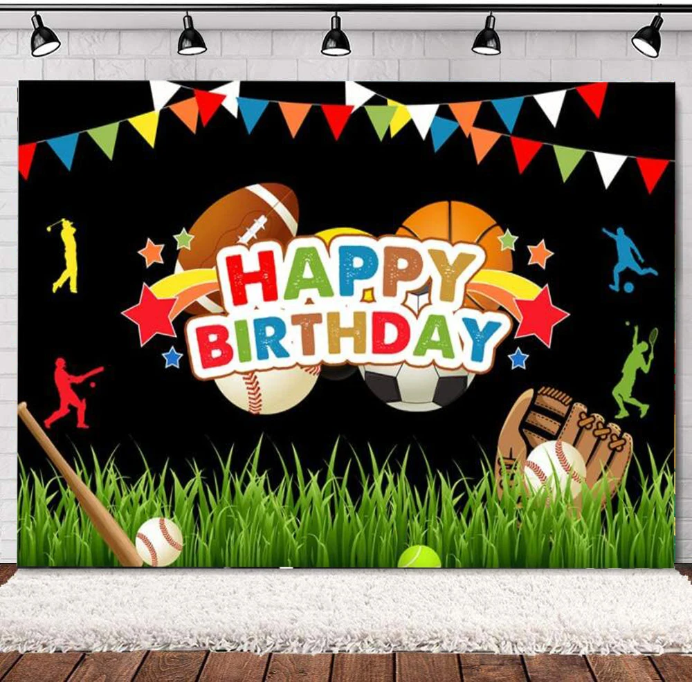 

Boy Sports Photography Backdrop Colorful Flags Stars Blackboard Background Baseball Football Basketball Rugby 1st Birthday Party