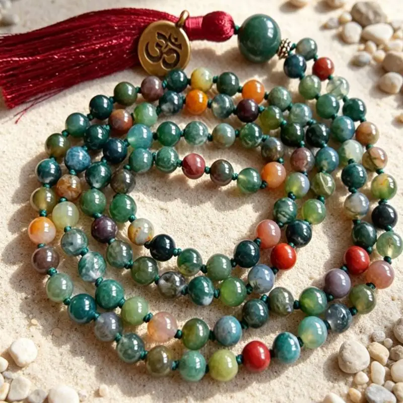 6mm Moss Agate Gemstone 108 Beads Knot Tassel Mala Necklace Spirituality Japa Classic Religious Chakra Spiritua Wristband Retro