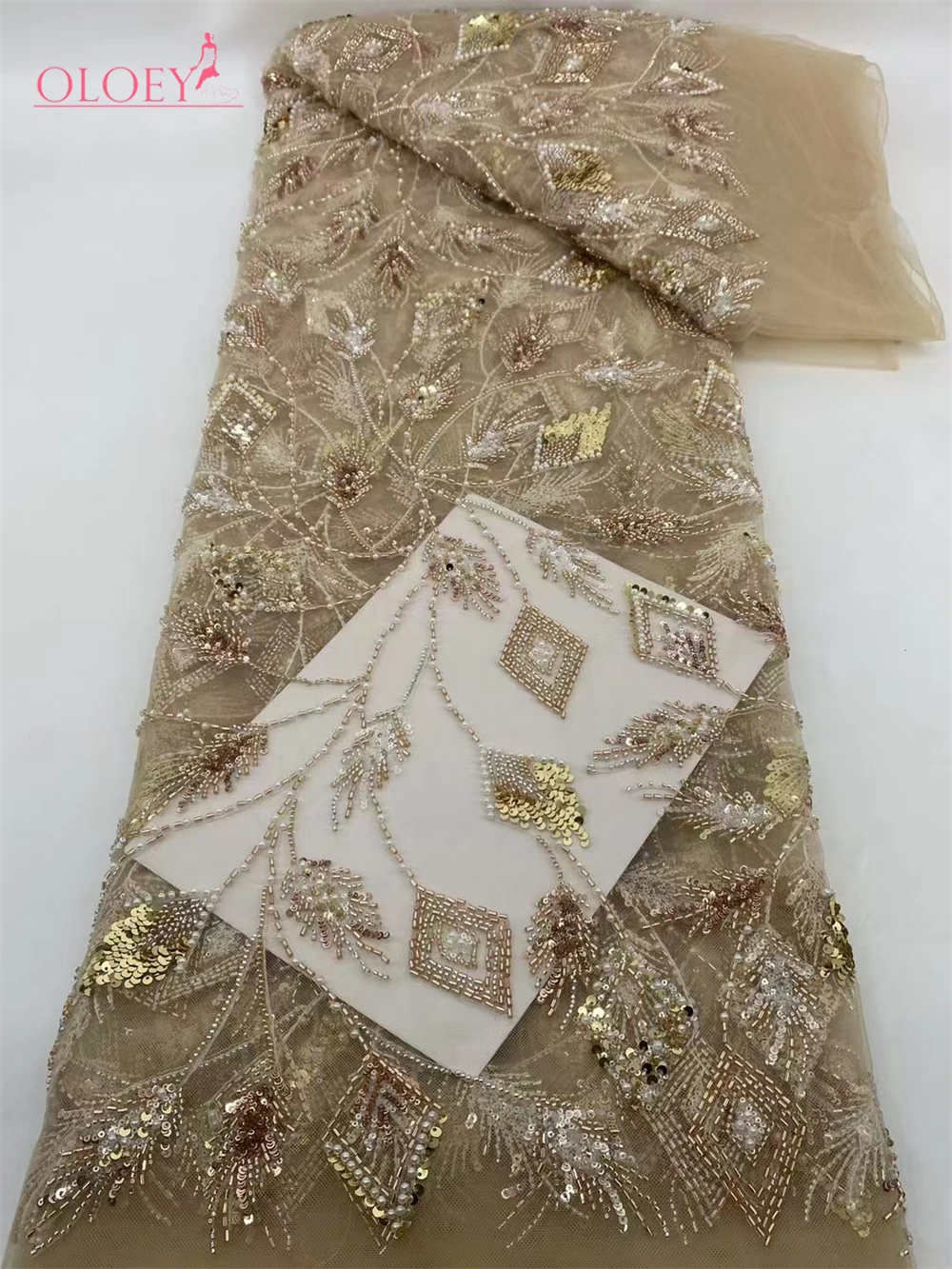 

2024 Latest Hot Sale Fashion Africa Lace Fabric High Quality Handmade Embroidery Lace With Beads Sequins Party For Wedding Dress