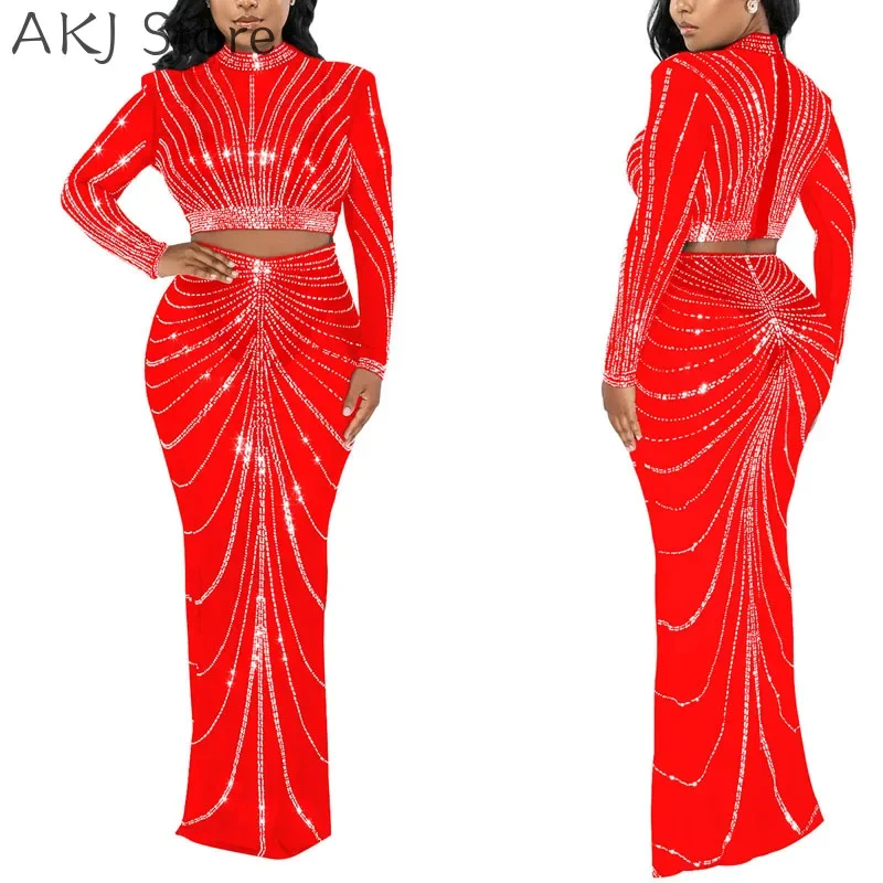 Two Piece Set for Women Sexy Solid Color See Through Sheer Mesh Glitter Top and High Waist Maxi Skinny Skirt 2pcs Set