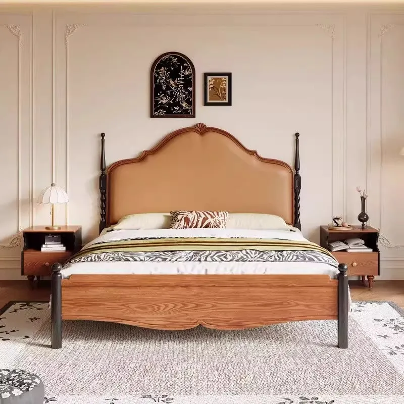 

#Solid Wood Furniture Custom American Country Luxury Double Bed Simple Carved Roman Column Soft Solid Wood Modern Bed Design