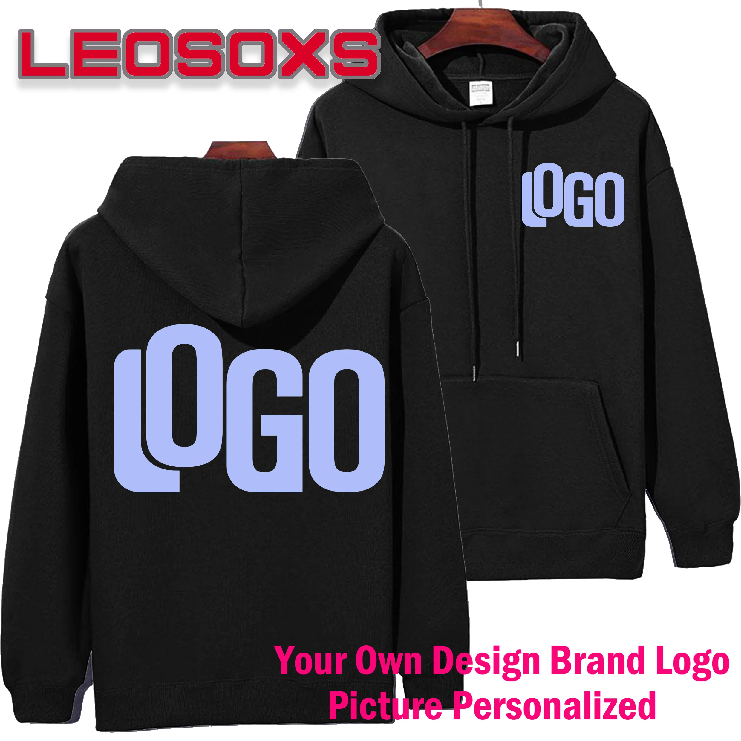 DIY Pattern Custom LOGO 16.9 oz 480 g/m² Heavy Cotton Plus Velvet Hooded Sweater Men's Thick Black Polar Fleece Pullover