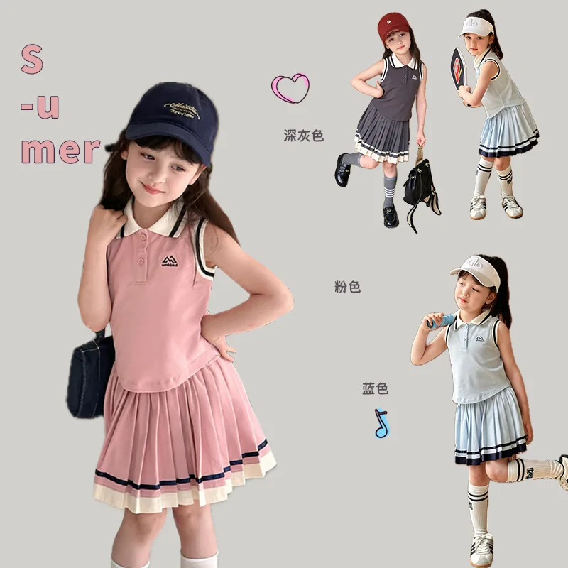 

2025 Children's Lapel Vest+pleated Skirt Two-piece Set for Girls' Korean Casual Polo Skirt Energetic Set