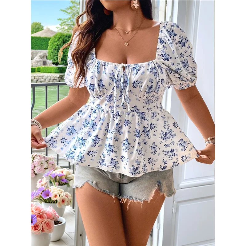 Blusa floral para mujer Boho fruncido cuello cuadrado Puff manga corta camisa de vacaciones Peplum Tops