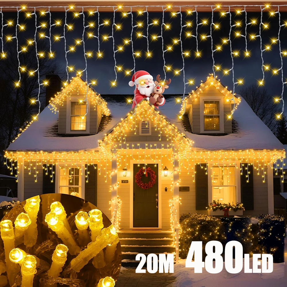 

20 м 480 светодиодных рождественских занавесок в виде сосульки для улицы, 8 режимов адаптера, рождественские гирлянды с таймером для праздничной вечеринки, Нового года