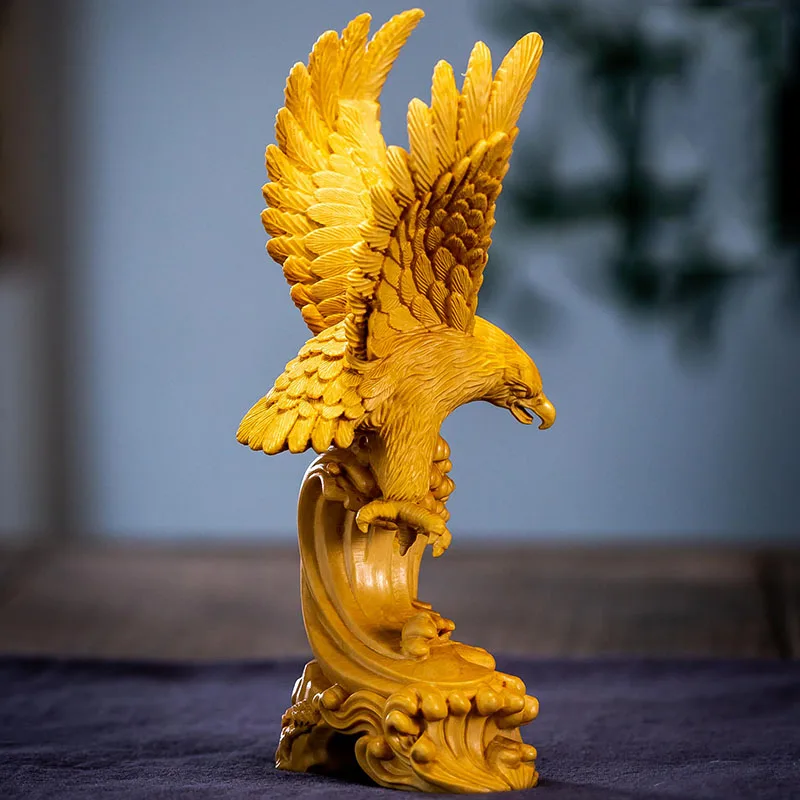 XS327- 16.5X7.5X7.5 Powerful Eagle Boxwood Sculpture Wood Carving Statue Feng Shui Home Decor