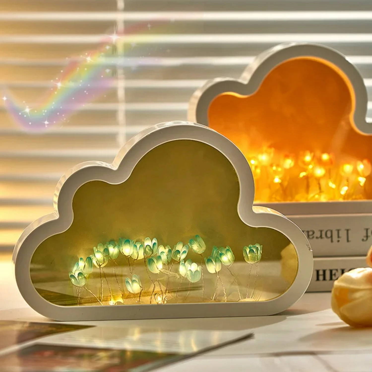 New DIY Cloud Tulip Mirror LED Night Light Photo Frame Table Lamps  Girl Bedroom Ornaments Bedside Handmade Birthday Gifts