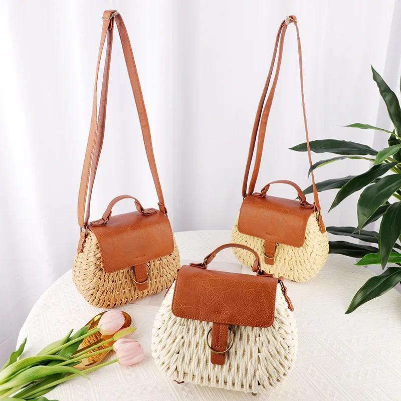 Woman Bag Hand-made Paper Rope Woven Patchwork Pu Leather Straw Bag Summer Braided Single Shoulder Crossbody Beach Bag 2024