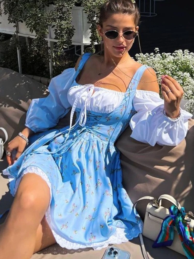 Bubble Sleeve Camisole Strapless Fake Two-piece French Dress with Floral Patterns, Waist Cinching Straps, and Suspender Skirt