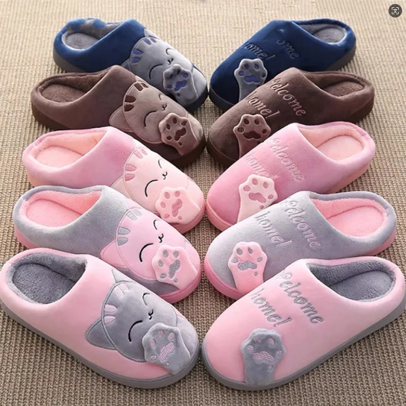 Indoor House Slippers Women Home Slippers Winter Cartoon Cat Slippers Anti Slip Soft Warm Plush Bedroom Couples Casual Shoes