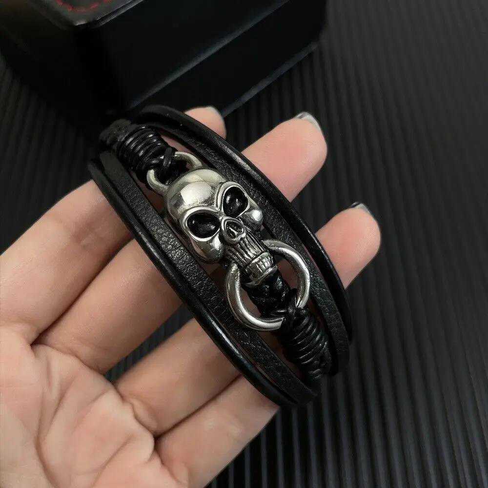Hiphop Style Multi-Layer Woven Leather Bracelet with Stainless Steel Skull Bangle