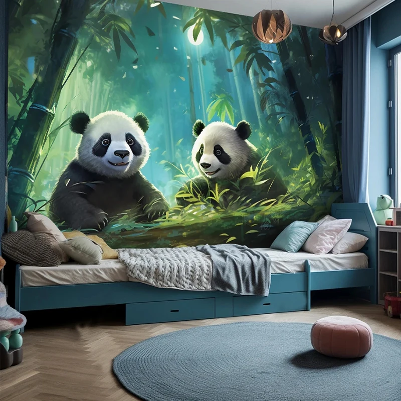 Aangepaste muur doek cartoon schattige panda bamboe bos behang kinderkamer achtergrond muur home decor muurschildering papel de parede 3D