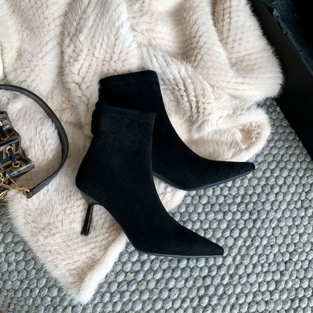 أحذية نسائية من جلد الغزال للخريف والشتاء أحذية نسائية جديدة بكعب عالٍ وسحاب أحذية نسائية قصيرة للمرأة #4