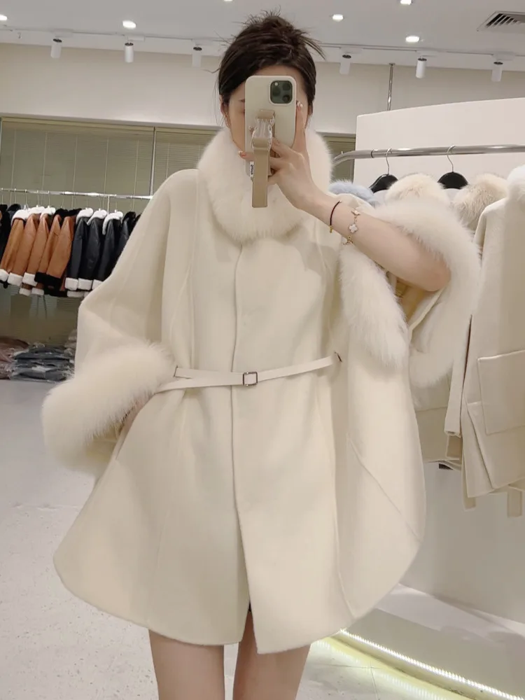 ZMEENNA Damen-Umhangmantel aus Wollmischung mit Kunstpelzkragen und Manschetten, elegante Winter-Poncho-Jacke mit Gürtel, stilvoll, ZM3662