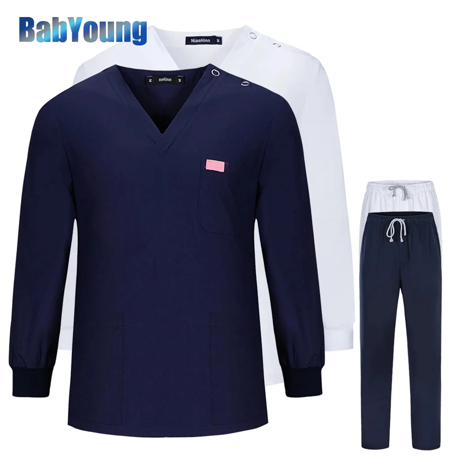 

Unisex Scrub Set V-neck Top+pants Uniform Long Sleeved Doctor Clothes Overalls Pet Grooming Nursing Uniform Surgical Workwear