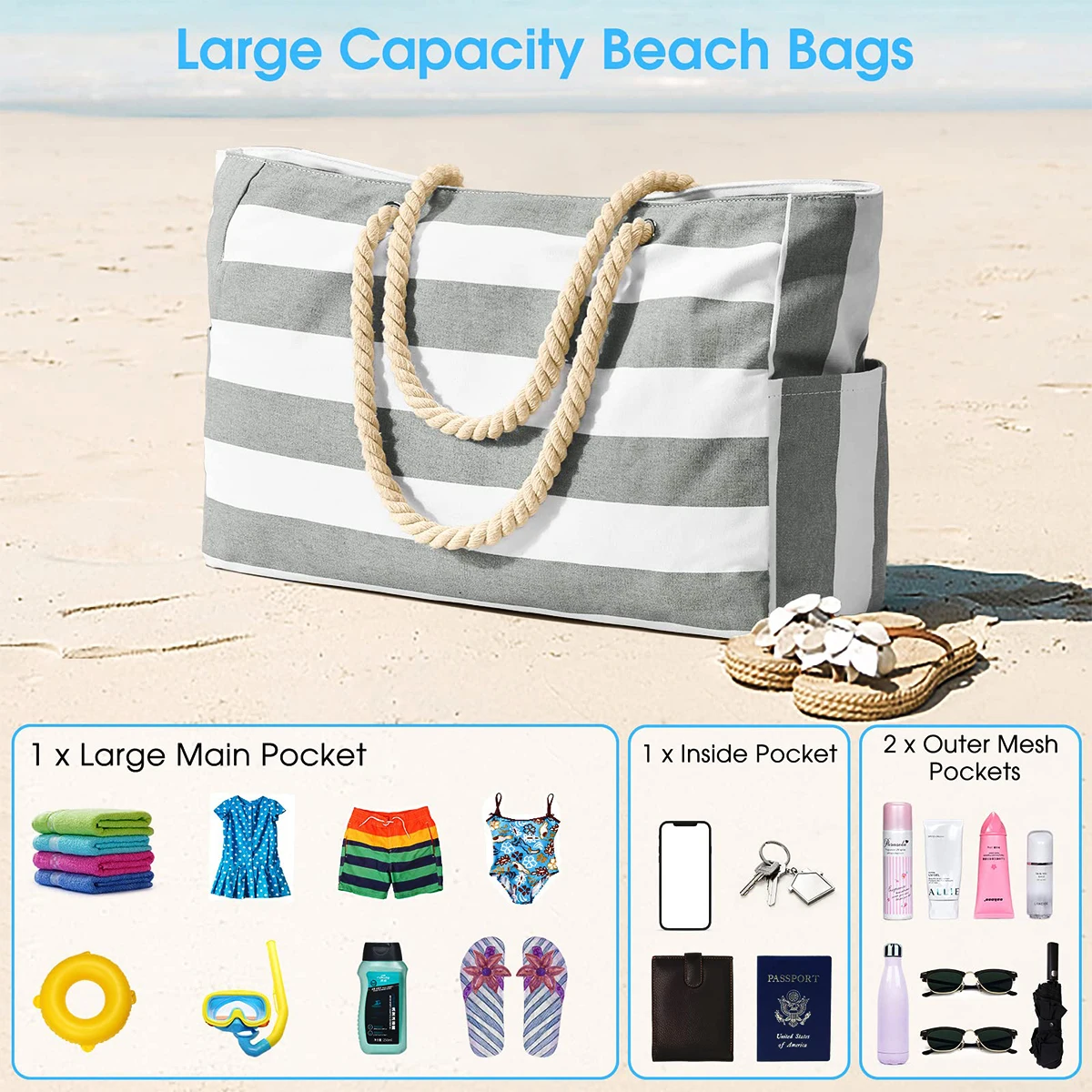 Striped zipper outer bag for outdoor travel and vacation, waterproof and sand resistant canvas, convenient folding beach bag-ll