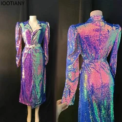 Purple Blue Fantasy Sequin Suit Women Sexy Singer Host Performance Costumes Nightclub Bar Drag Queen Cosplay Stage Fancy Dress
