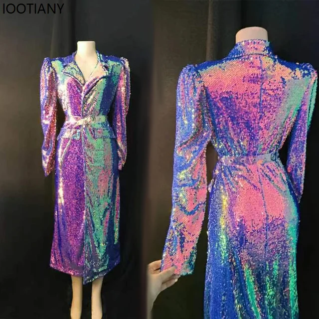 Purple Blue Fantasy Sequin Suit Women Sexy Singer Host Performance Costumes Nightclub Bar Drag Queen Cosplay Stage Fancy Dress