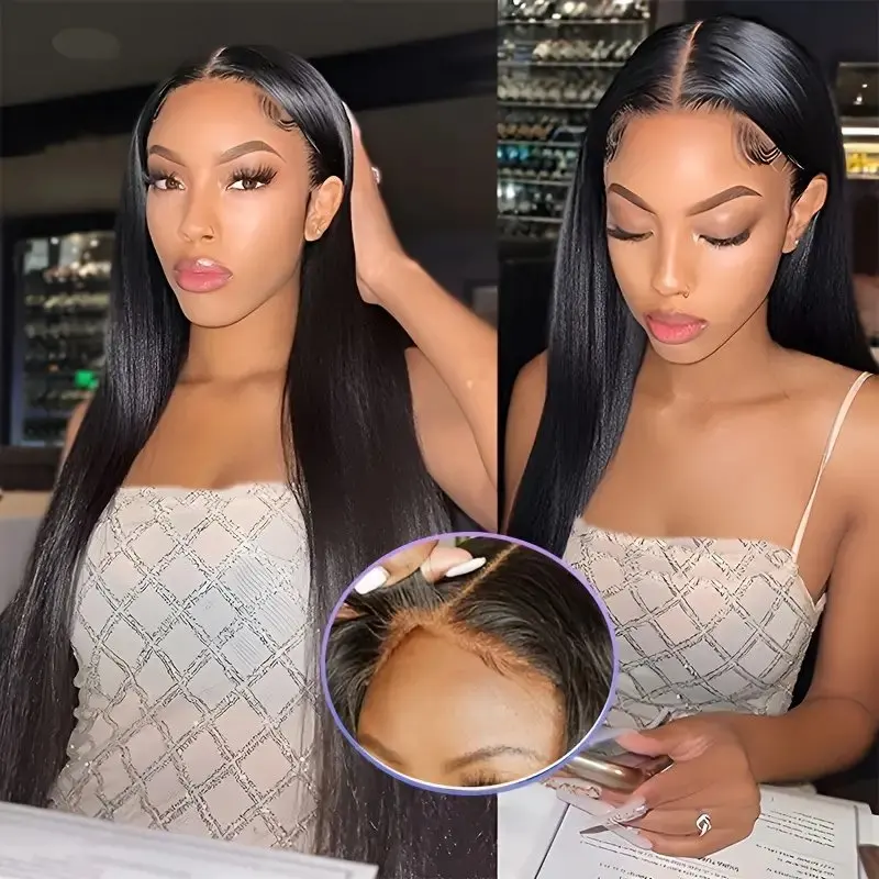 Natural Black 18 40 Inch 13X4 HD Lace Forehead Wig Human Hair Straight Women's Pre-Plucked Closure 180 Density