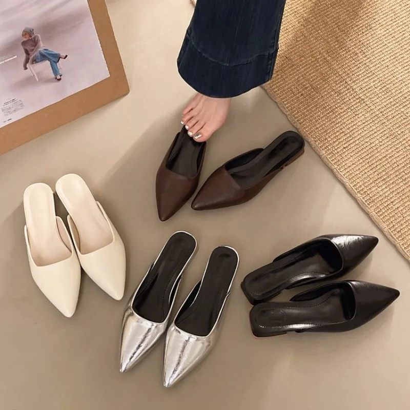 Pointed Toe Backless Mules Women's Fashion Slip-On Low Block Heel Slippers Elegant Office Ladies Comfortable Slides Sandalias