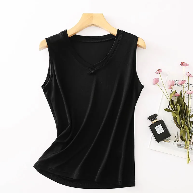 NEW 100% Natural Mulberry Silk Strap Top Women High Quality Solid V-Neck Vest Sleeveless Silk Tank Tops Lady Camisole Sleepwear