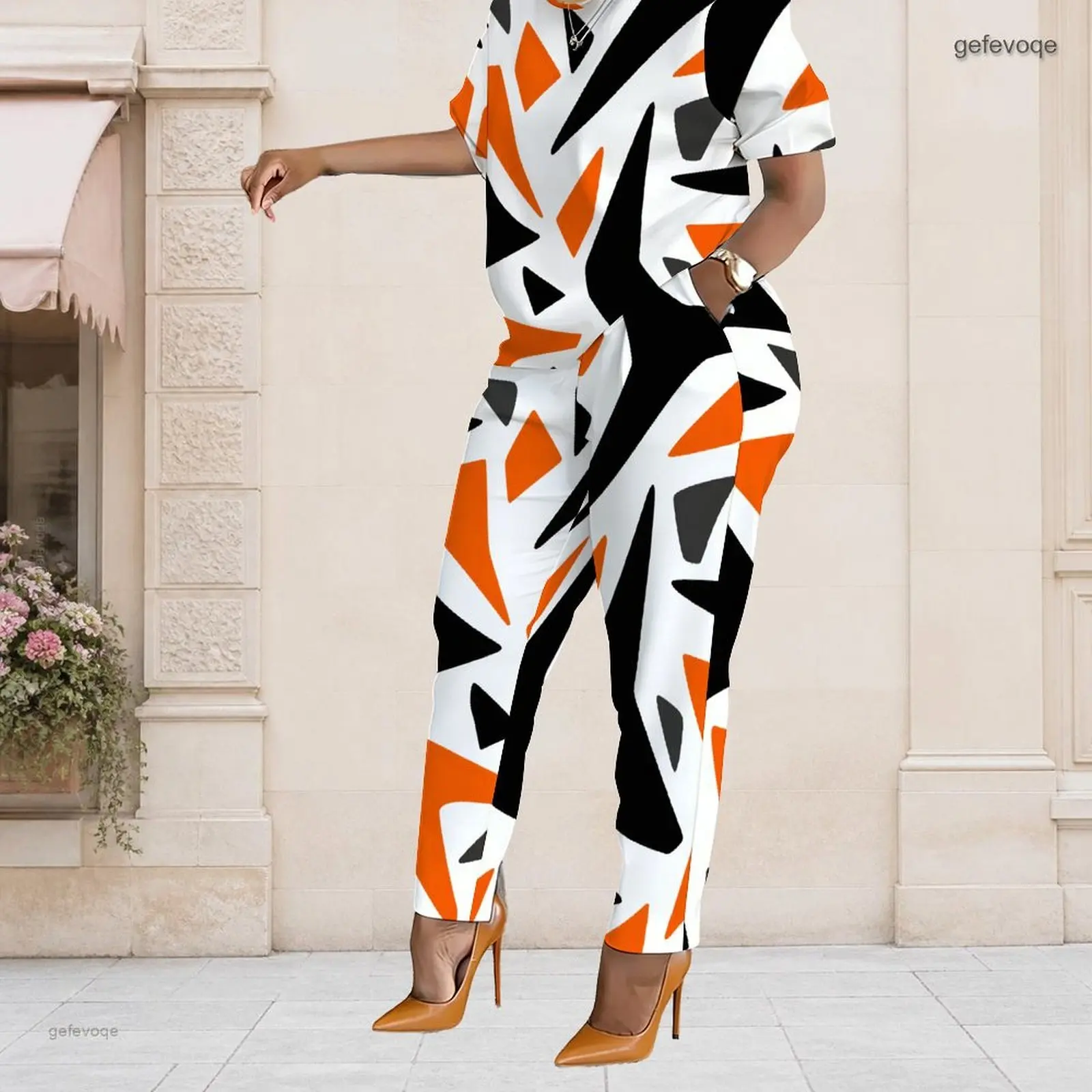 Summer Graphic Print Plus Size Sets Women O Neck Bold Geometric Plus Size Clothes Womens Clothing Daily Party Wear