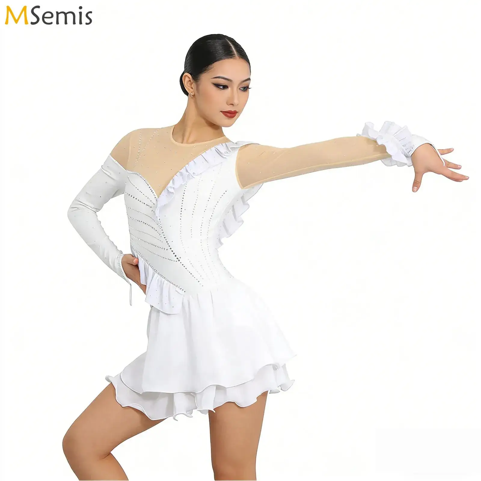 

Womens Rhinestones Gymnastics Figure Skating Latin Ballet Dance Leotard Dress Ruffled Trim Tiered Hem Buttoned Bodysuit Dress