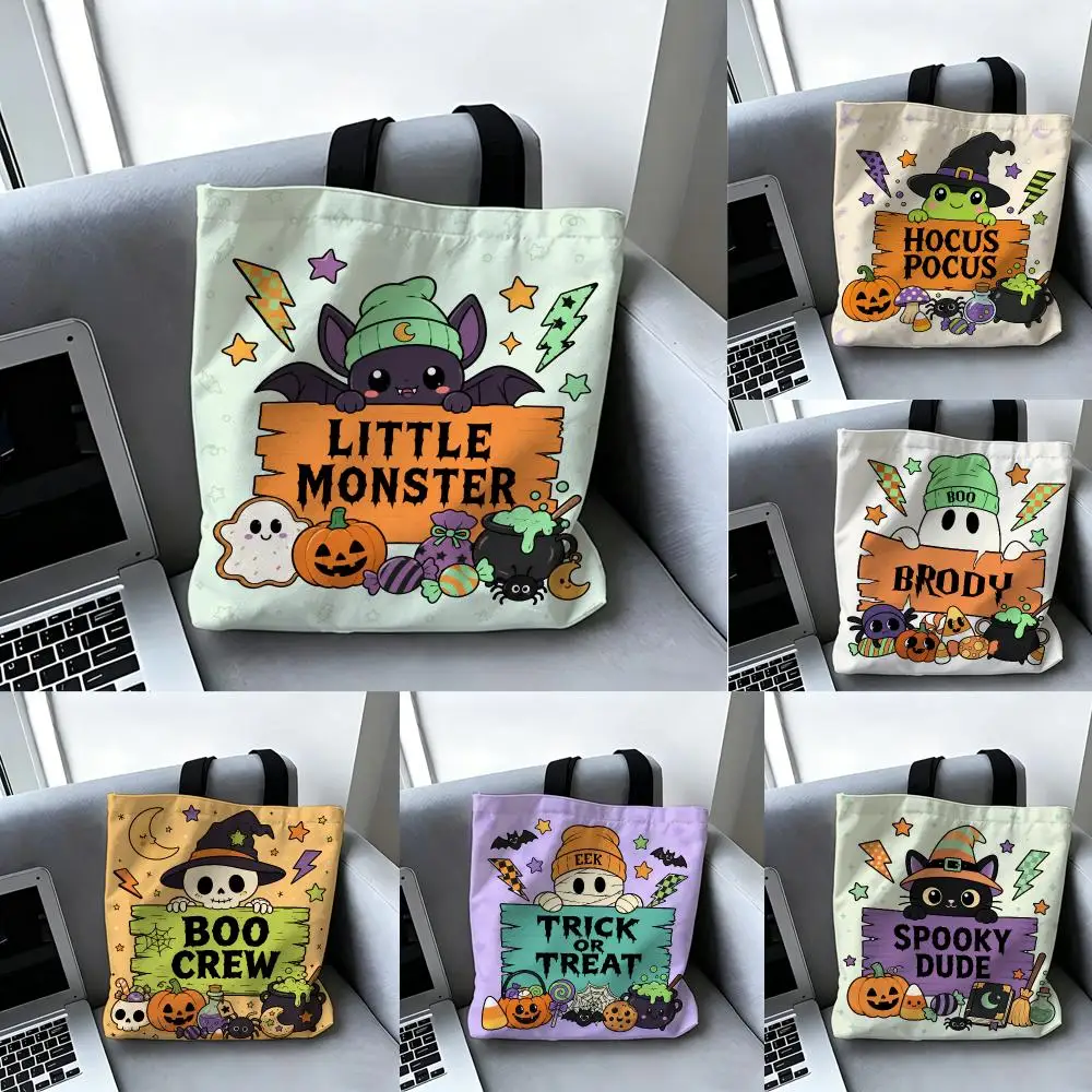 Spooky Little Creatures Storage Bags Double-Sided Printed Canvas Tote Bag Large Capacity Reusable Shoulder Shopping Bag