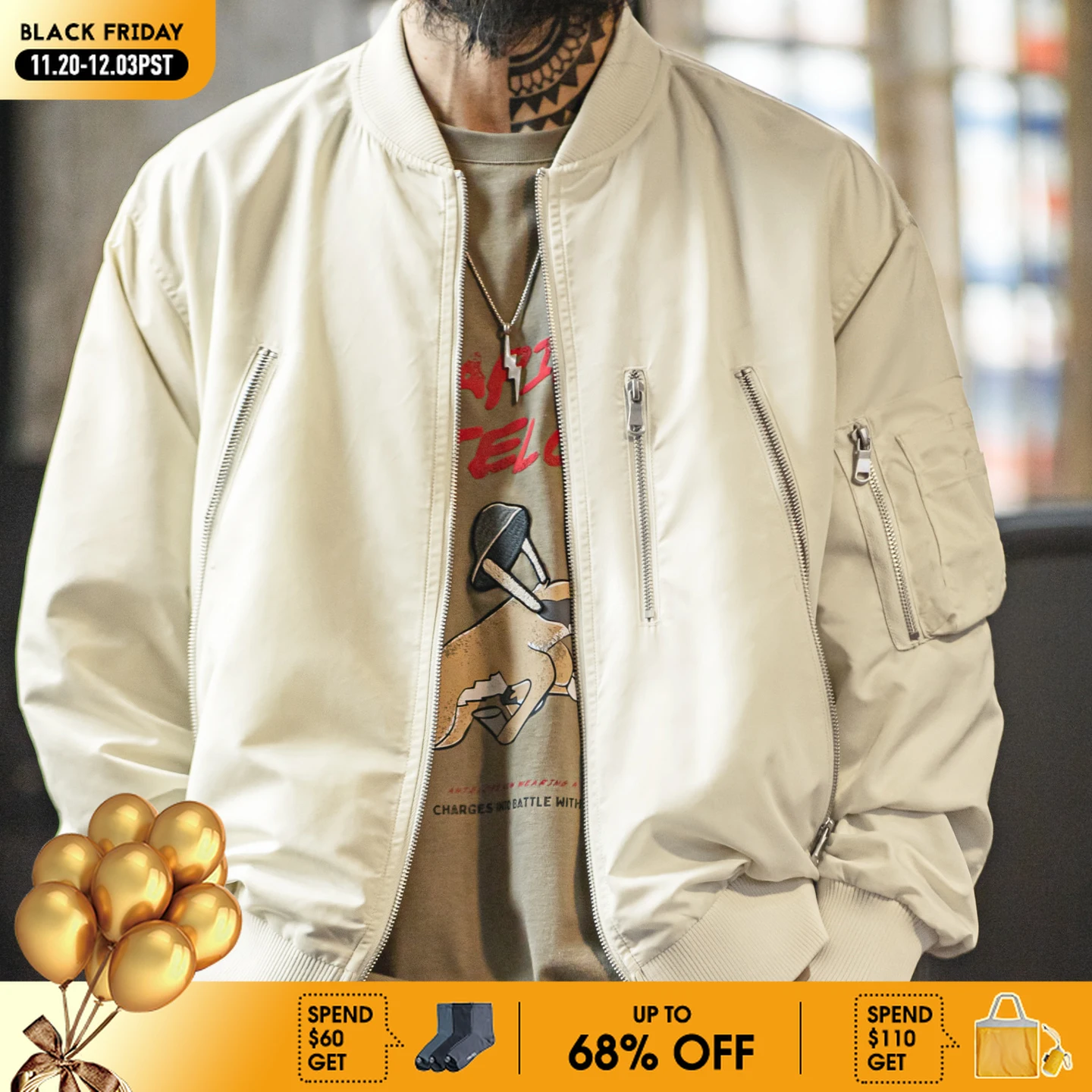 

Maden Men's Vintage L2B Pilot Jacket White Lightweight Flight Bomber Jacket Short Zip-Up Casual Baseball Coat for Spring Autumn