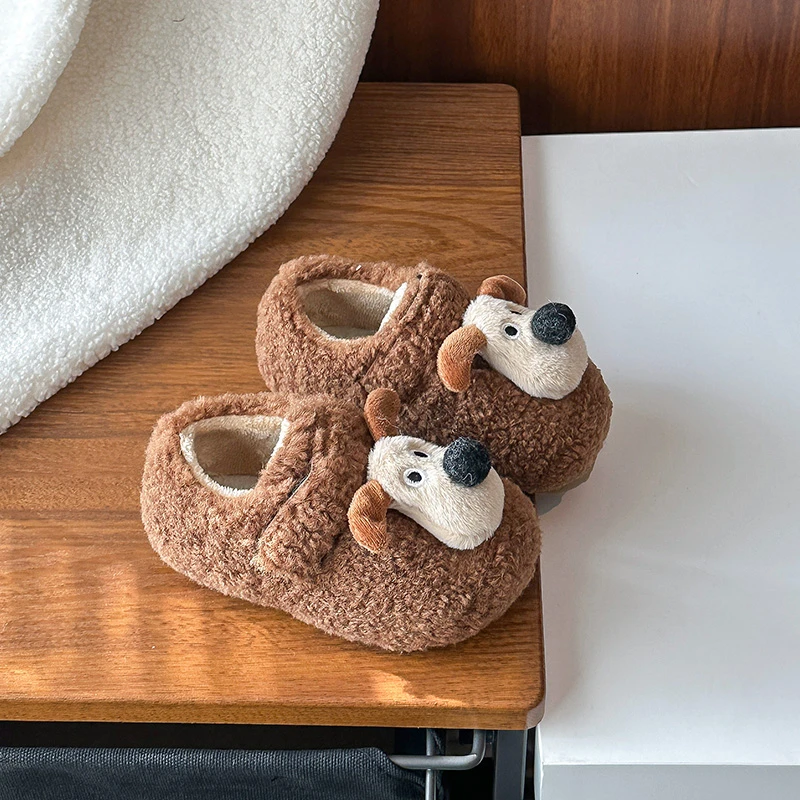 

Cute Dogs Single Band Winter New Children Slipper Soft Heel Platform Fur Warm Indoor Comfortable Home Fluffy Home Slippers