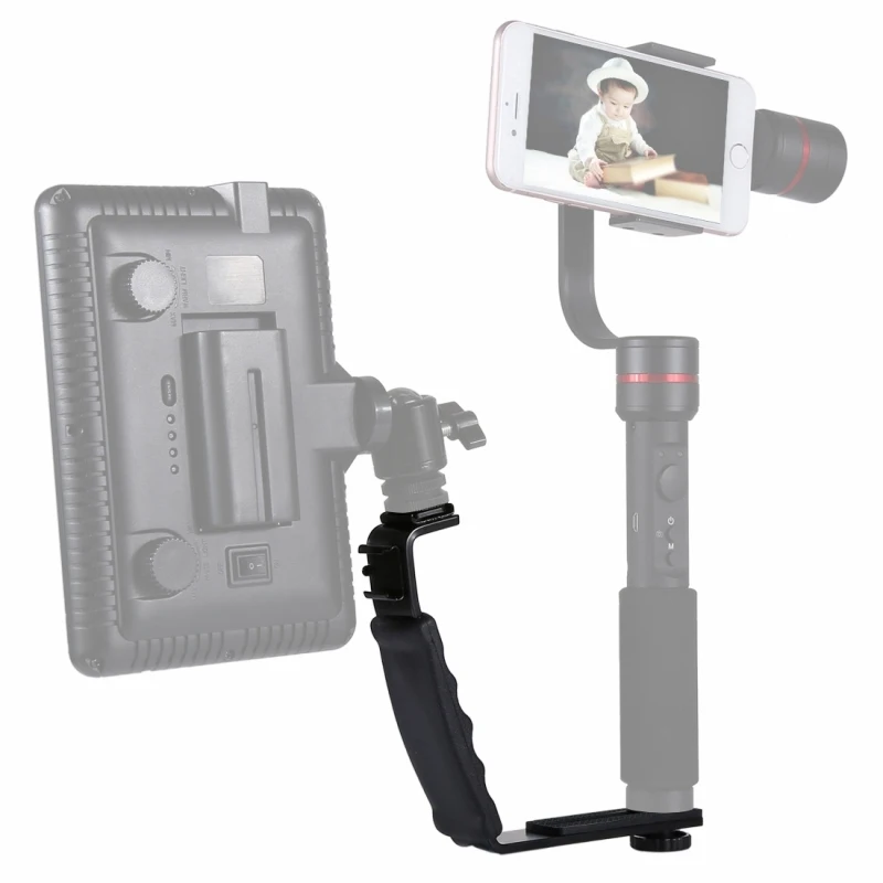 PULUZ L-Shape Bracket Handheld Grip Holder with Dual Side Cold Shoe Mounts for Microphone, Video Flash Light, DSLR Camera