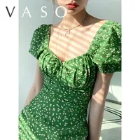 Sexy French Floral Dress for Women Summer Square Neck Bubble Sleeve Sweet Green Waist Slimming Spicy Girl  A-line Short Dresses
