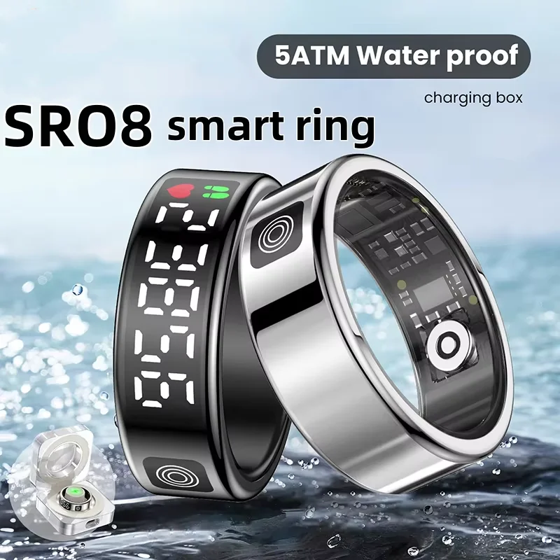 SR08 LED Smart Ring Display Screen Men Women Heart Rate Blood Oxygen Monitoring Multi Sports Modes IP68 5ATM Waterproof