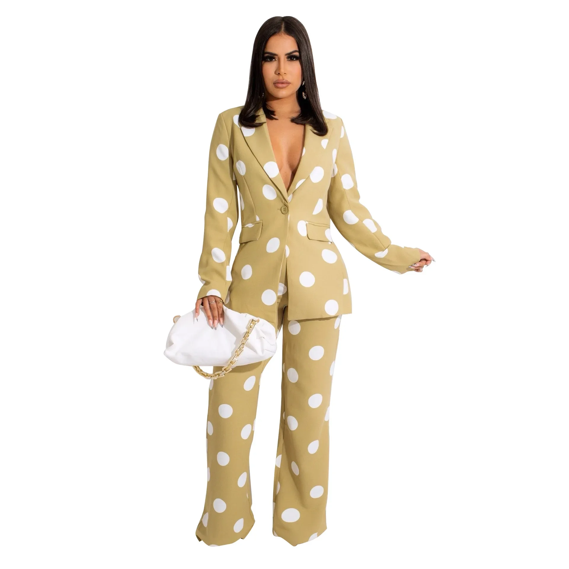 

Office Lady Pant Sets Polka Dots Single Button V Neck Blazer Suit Spring Wide Leg Trousers Overalls Two Piece Set for Women