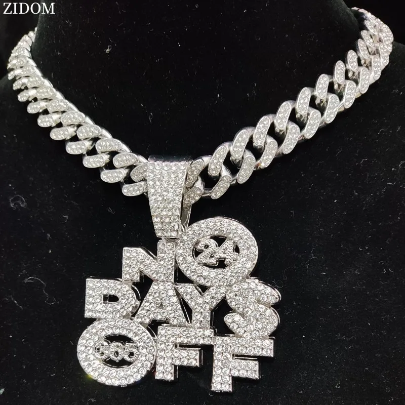 Men Women Hip Hop NO DAYS OFF  Pendant Necklace with 13mm Cuban Chain HipHop Iced Out Bling Necklaces Fashion Charm Jewelry