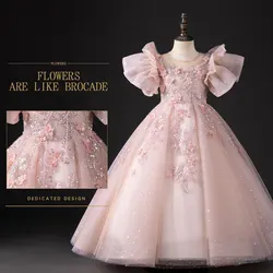 Jill Wish Luxury Pink Dubai Girl Dress 3D Flowers Pearls Arabic Princess Kids Wedding Birthday Party Long Ball Gown 2024 J384