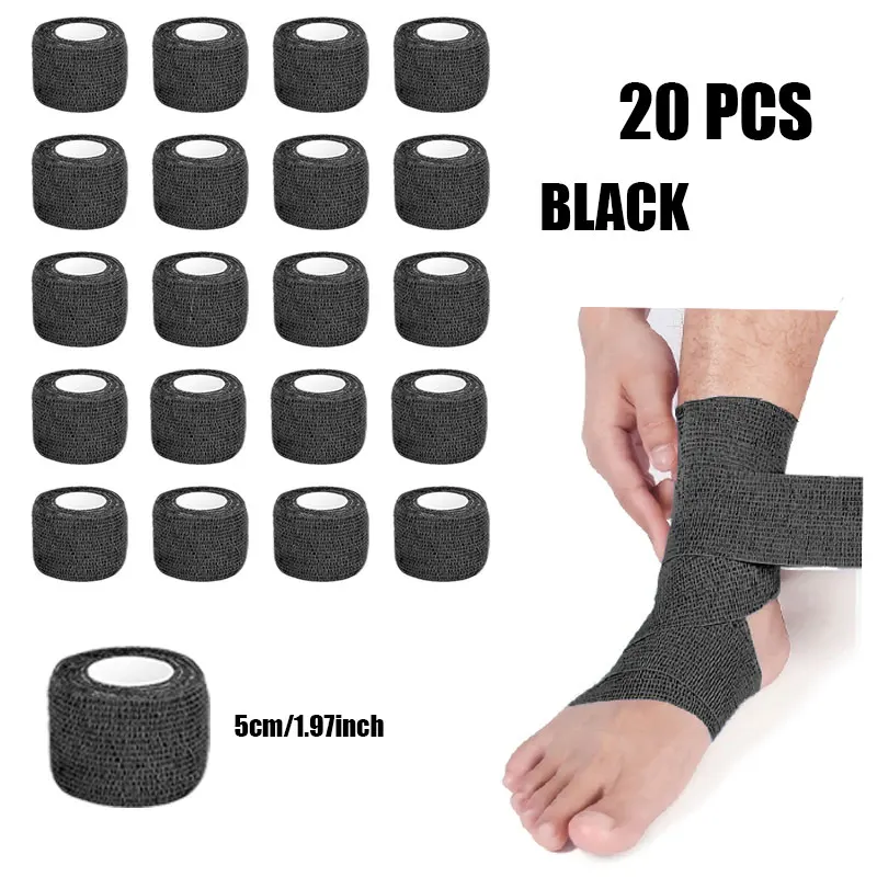 20 Rolls Black 5cm Self Adhesive Non-Woven Bandage, 2 Inch Bulk No Residue Elastic Wrap, Hand-Tear Breathable Athletic Tape for