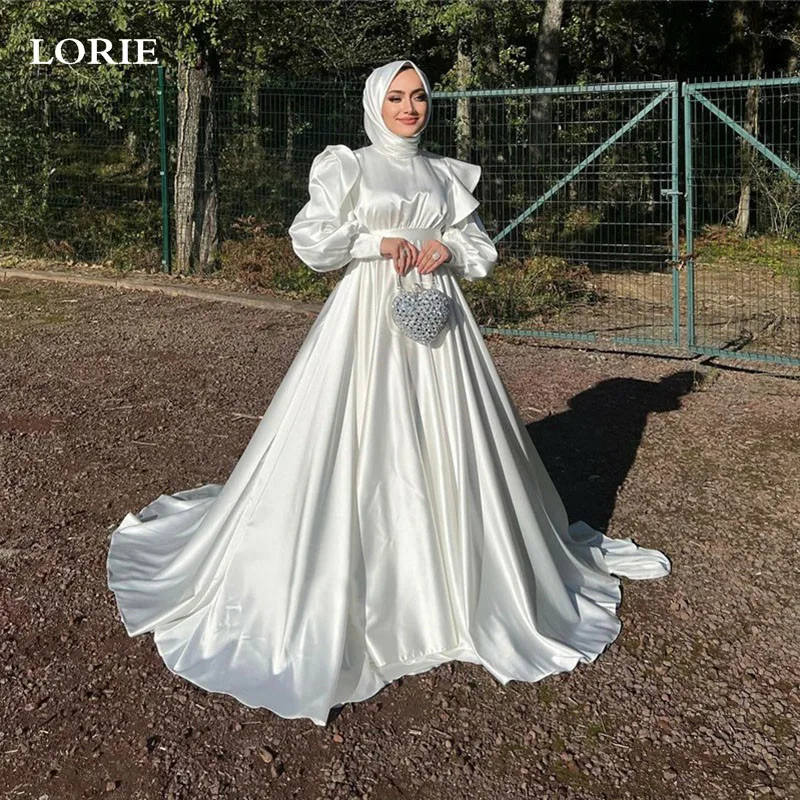 

LORIE Satin Princess Wedding Dresses Long Sleeve Muslim Bridal Dress vestidos de novia Elegant High Neck Wedding Gowns