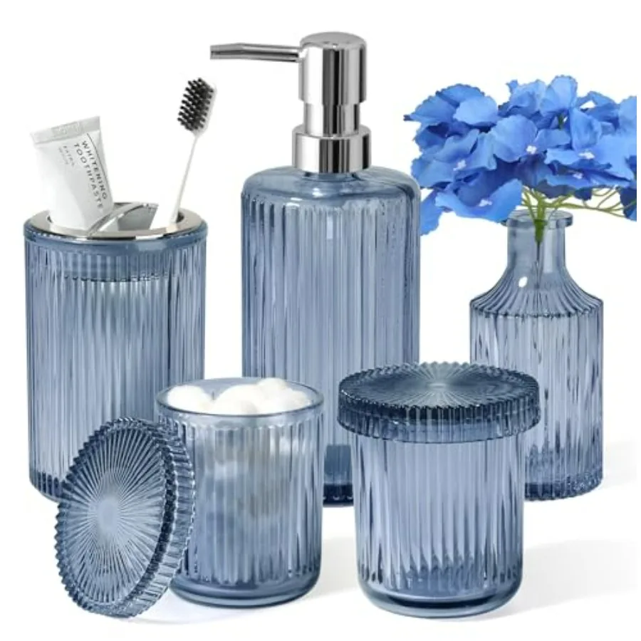 

Blue Bathroom Accessories 5 Pcs Glass Bathroom Accessory Set Vintage Blue Bathroom Set Royal Soap Dispenser and Toothbrush Hold