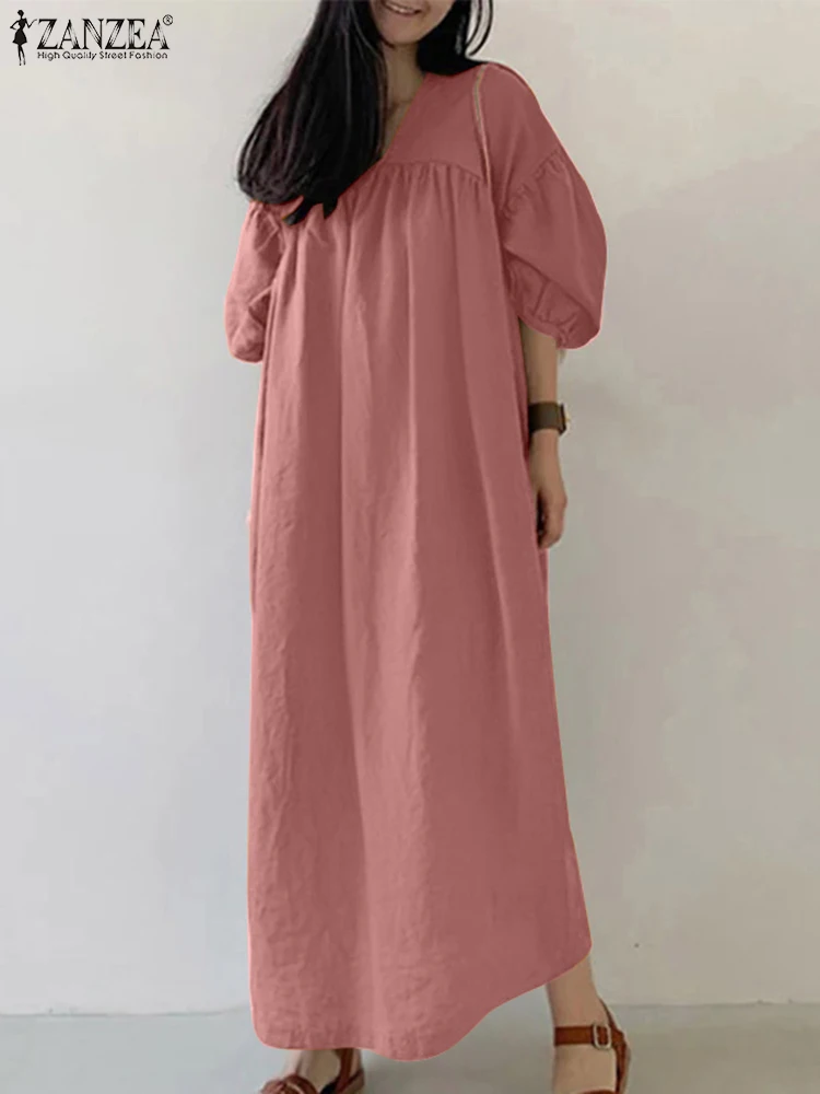เดรสผู้หญิง ZANZEA ดีไซน์หรูหรา ประจำฤดูใบไม้ร่วงปี 2025 แขนทรงโคมไฟ 3/4 คอวี ทรงเอไลน์ หลวมสบาย เหมาะสำหรับทำงาน สไตล์เรียบหรู ผ้าสีพื้น ทรงยาวแบบคาฟตัน