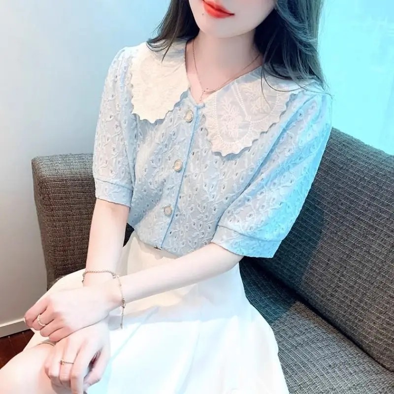 

Летний дизайн Sense Кружевной ажурный кукольный воротник ort Sve Женский irt Sweet Blue Корейский Sle Commute Faion