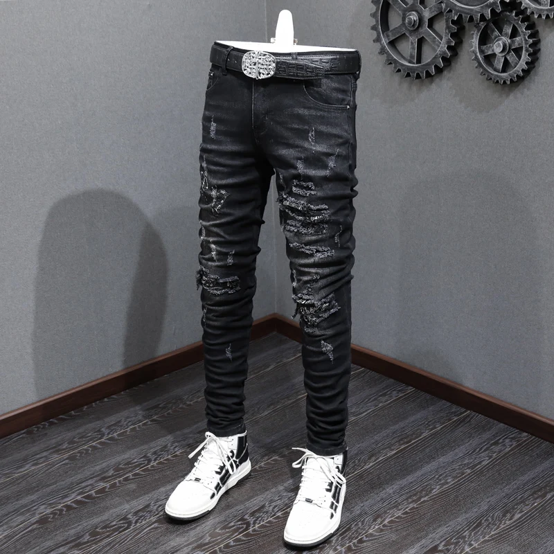 Fashionable new men\'s black jeans, retro distressed patch, elastic slim fit jeans, high street hip-hop brand designer pants, hom